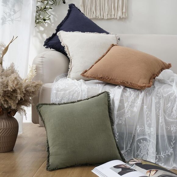 Decorative Linen Fringe Throw Pillow Covers Boho  24x24" Olive Green x2 NEW - Picture 4 of 6